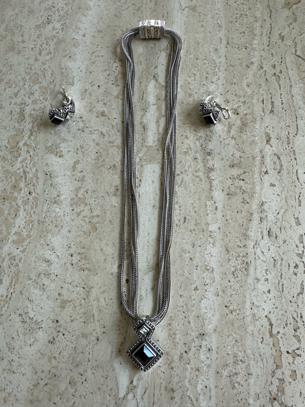 Silver-Tone Necklace and Earring Set with black and clear Stones